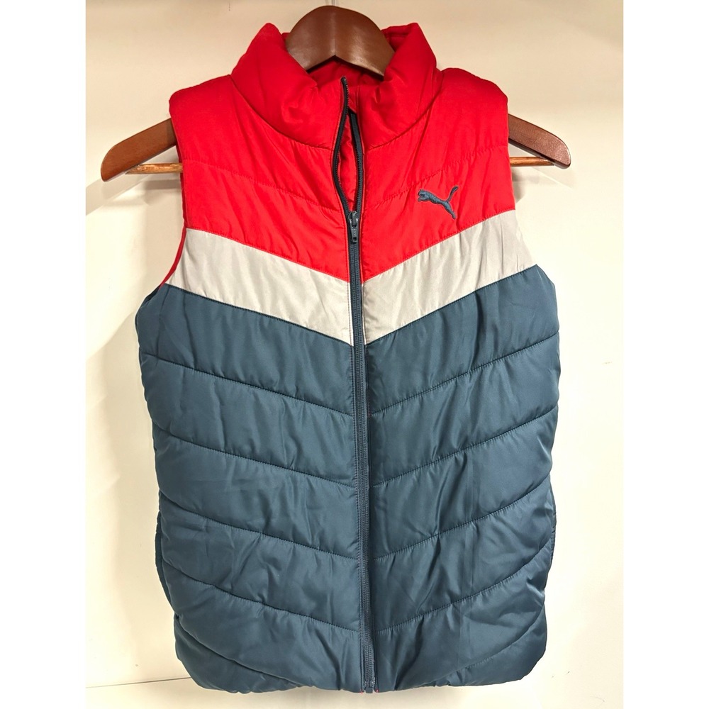 PUMA Boys Puffer Vest Full Zip Stand-Up Collar Red/White/Blue M(10-12)